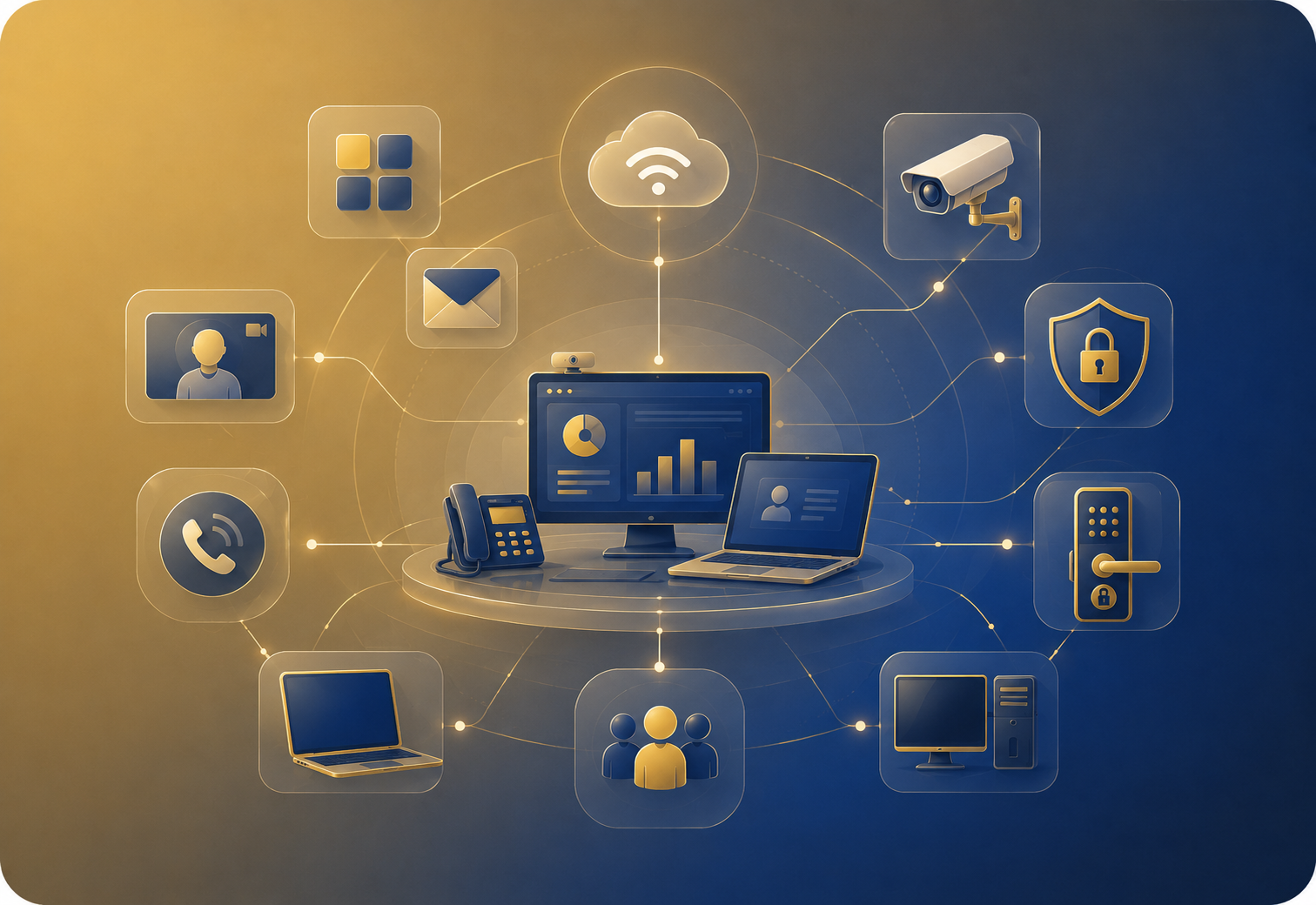 Connected operations illustration showing golf, hospitality, professional services, and multifamily environments linked through Softrim technology systems.